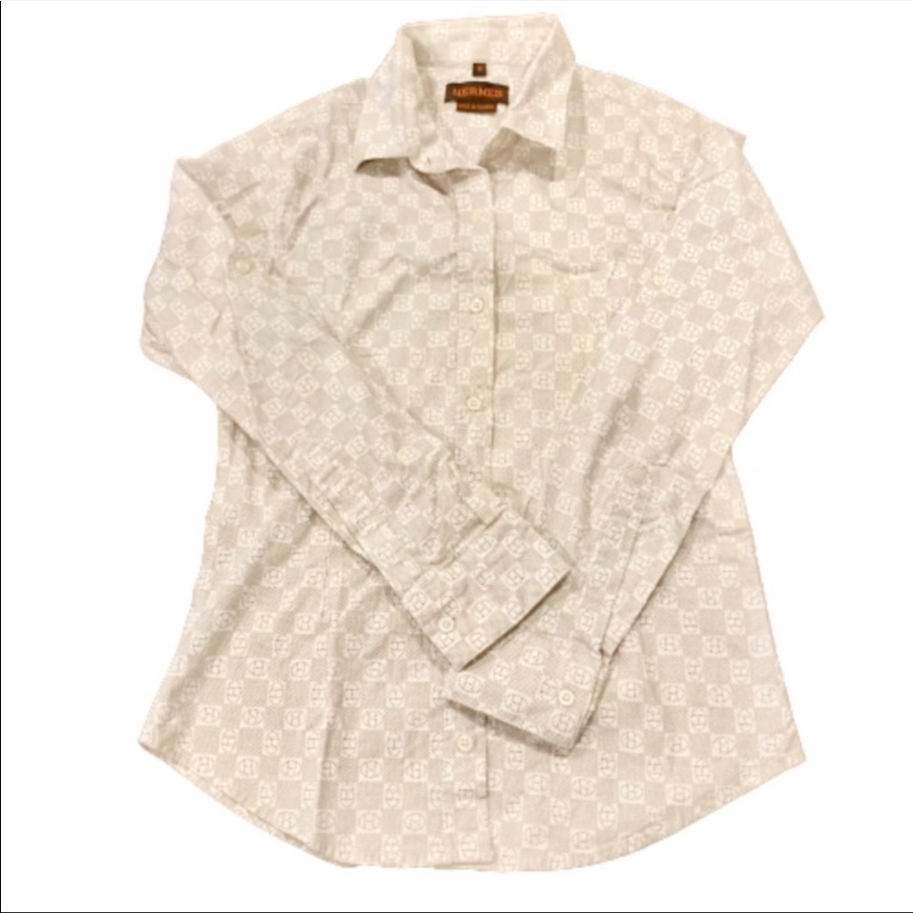Hermes Equestrian Logo Button-down Riding Shirt womens small white brown blue